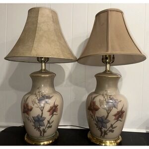 Vintage Floral Ginger Jar Table Lamps Matching Pair Brass Base Asian Style 28.5"